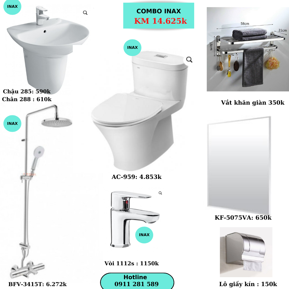 Combo TBVS Inax bệt liền khối- chậu treo giá 14.625k