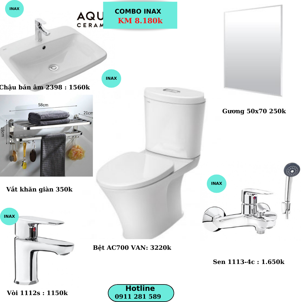 Combo TBVS INAX Đặt Bàn Đá+ Bệt Hai Khối Giá 8.180k