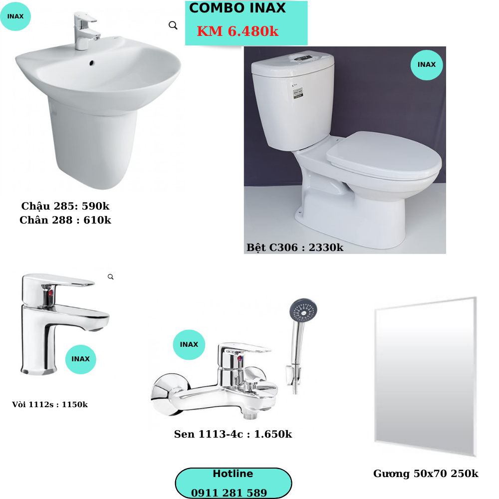 Combo TBVS Inax chậu chân lửng+ bệt hai khối giá 6.480k