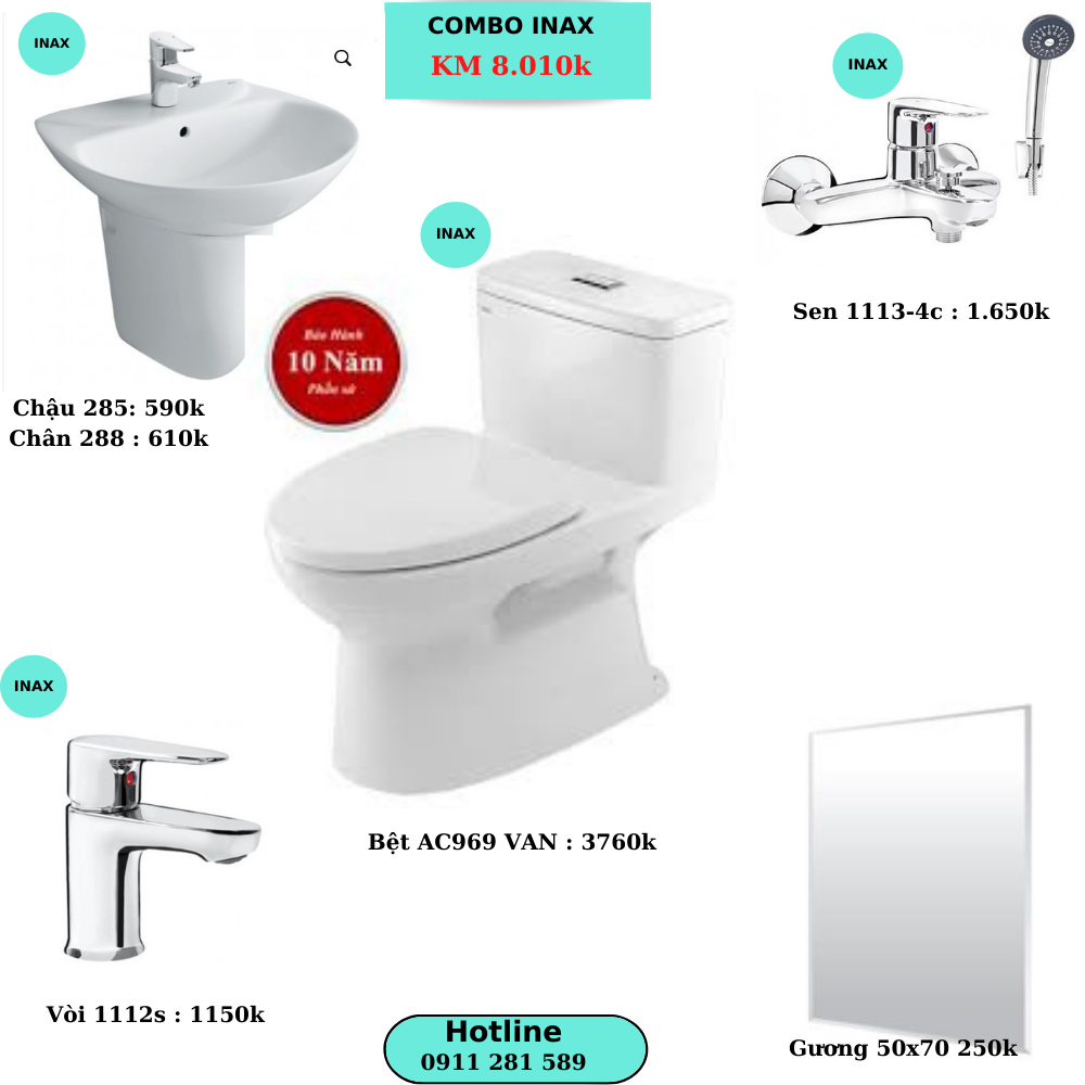 Combo TBVS Inax Chậu Treo+ Bệt Liền Khối Giá 8010k