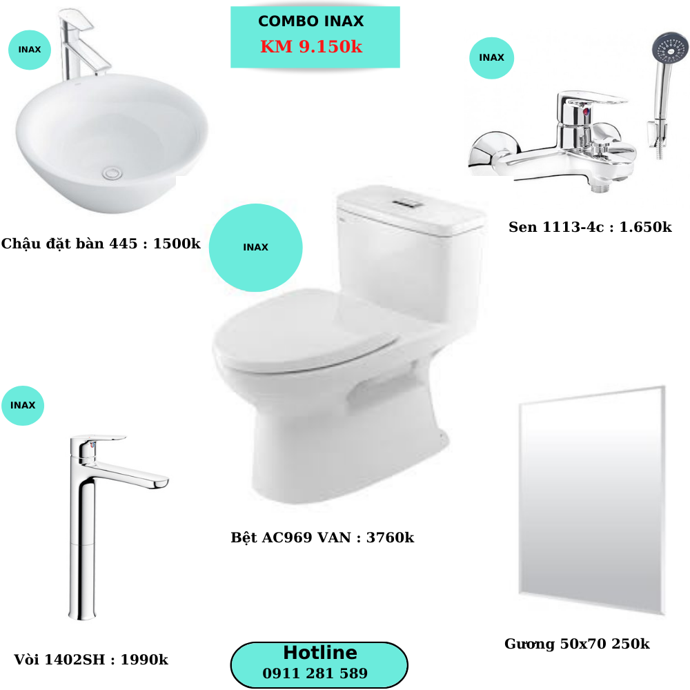 Combo TBVS INAX Chậu Đặt Bàn+ Bệt Liền Khối Giá 9150k