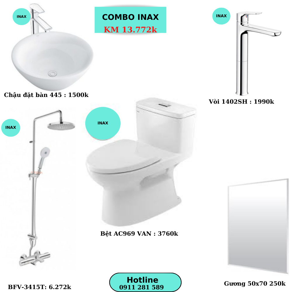 Combo TBVS INAX chậu đặt bàn+ bệt liền khối+ sen cây giá 13.772k