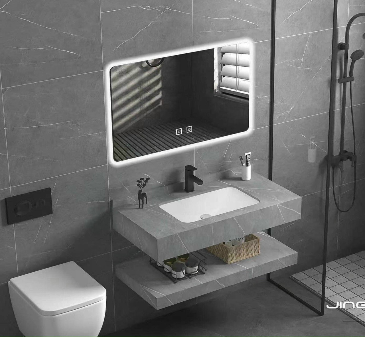 Bộ bàn đá 2 tầng chậu rửa lavabo đá nhân tạo màu ghi vân mây