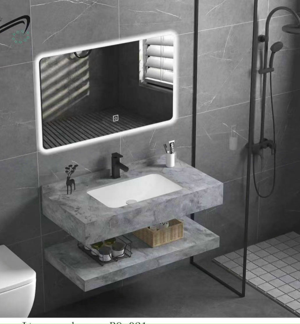 Bộ bàn đá 2 tầng chậu rửa lavabo đá nhân tạo màu ghi vân mây