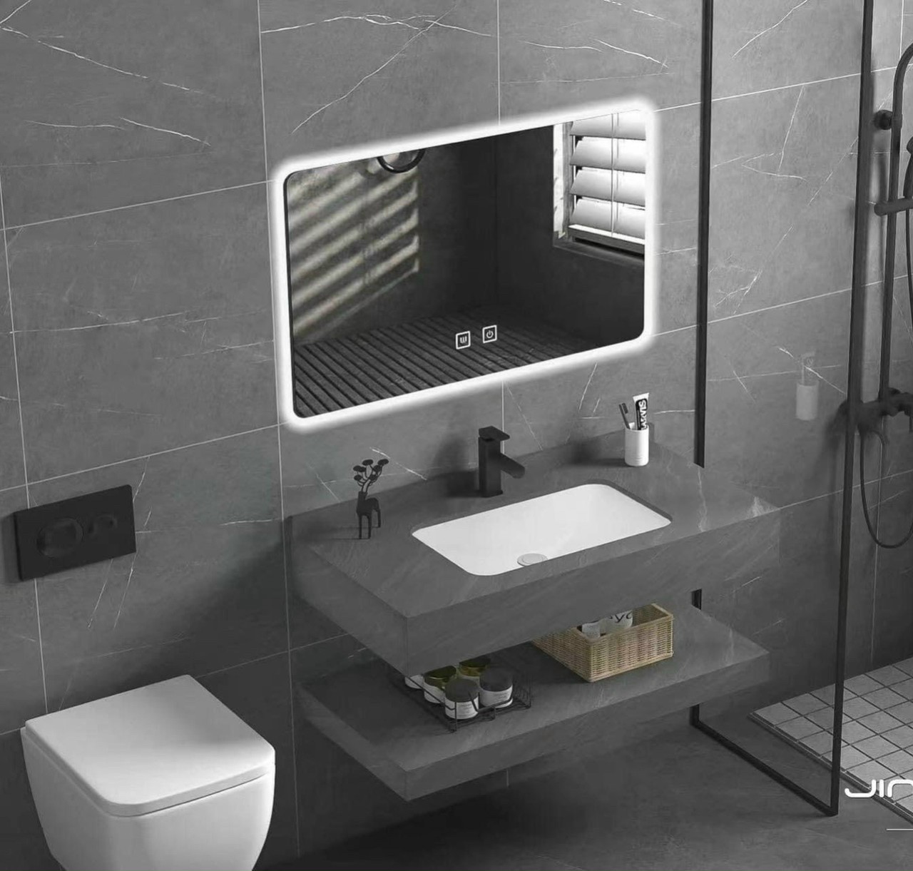 Bộ bàn đá 2 tầng chậu rửa lavabo đá nhân tạo màu ghi vân mây
