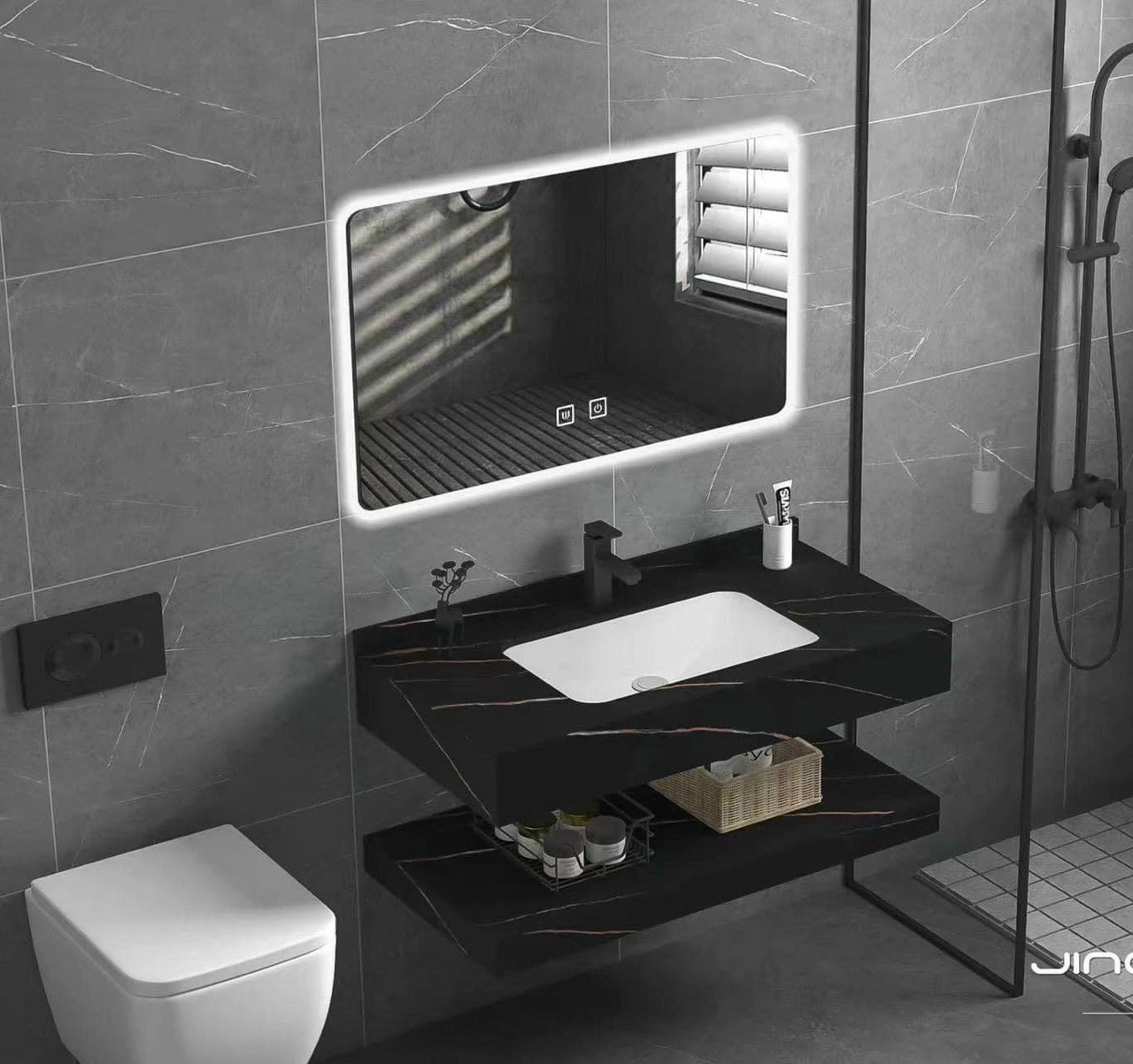 Bộ bàn đá 2 tầng chậu rửa lavabo đá nhân tạo màu đen vân mây