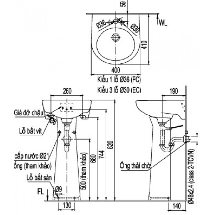 Chậu Rửa Mặt Treo Tường L-282V/L-284VD Chân Chậu Dài