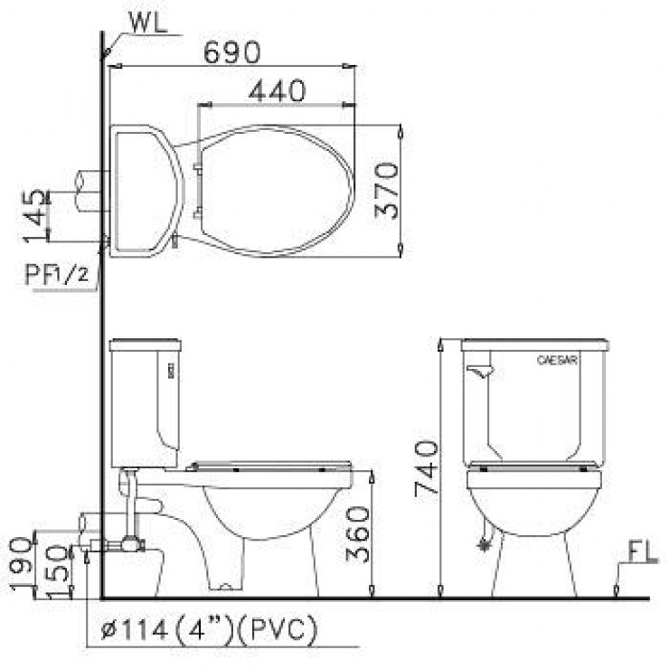 Bàn Cầu Caesar CPT1332 Thùng T1116 Thoát Ngang Xả Gạt
