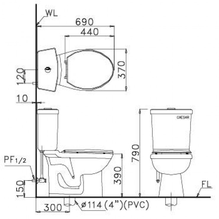 Bồn Cầu CAESAR CT1325 Thùng T1125 1 Nhấn Nắp Thường
