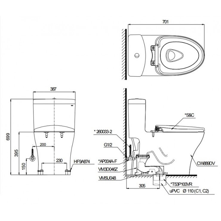 Bồn Cầu Một Khối TOTO MS889DRT8 (MS889DT8) Nắp Đóng Êm TC600VS
