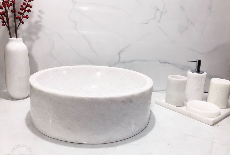 Lavabo Đá Tự Nhiên Tròn Dày BST34 Eximstone 42cm-18kg Trắng NA