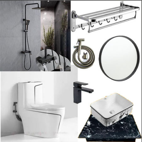 Combo bộ nhà tắm cao cấp trắng chỉ đen 049