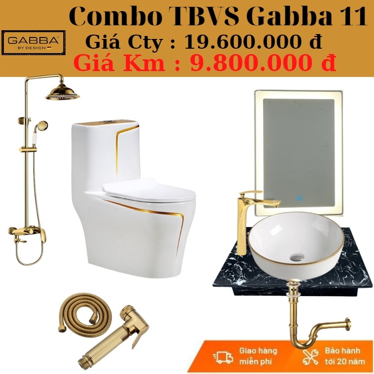 Combo bộ nhà tắm giá rẻ Gabba 11 trắng viền vàng