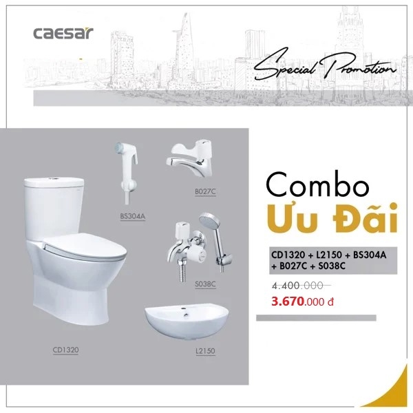 Combo thiết bị vệ sinh Caesar cầu 2 khối 09