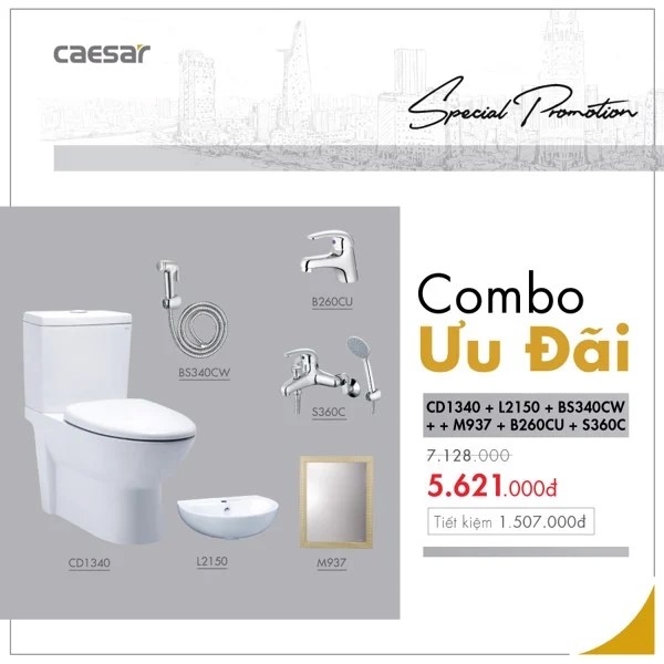 Combo thiết bị vệ sinh Caesar cầu 2 khối