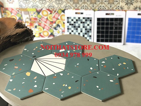 Gạch lục giác xanh vân đá đa màu