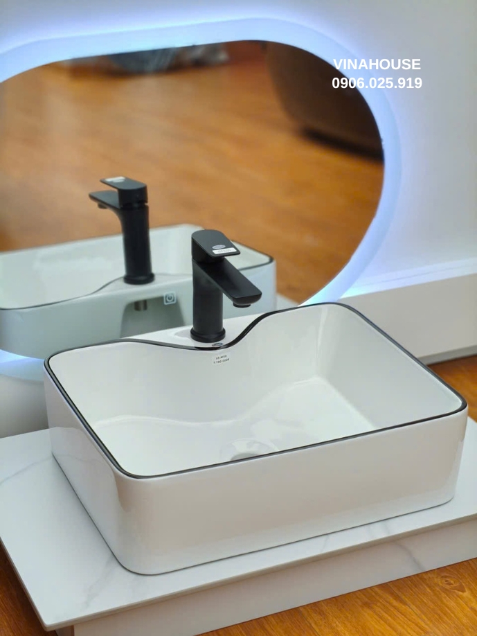Chậu Lavabo đặt bàn vuông viền đen