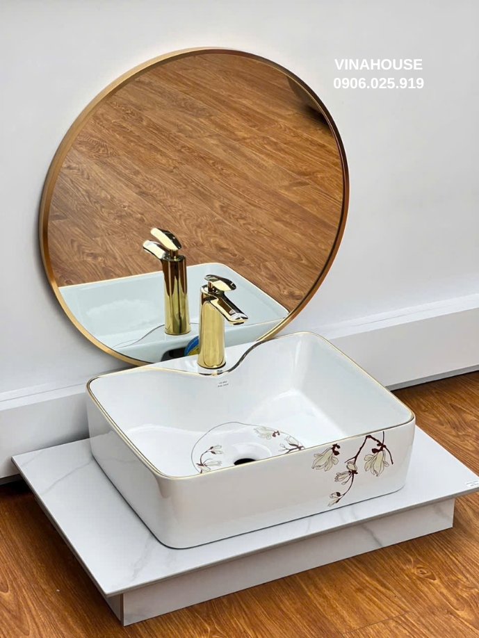 Chậu Lavabo sứ đặt bàn in viền vàng