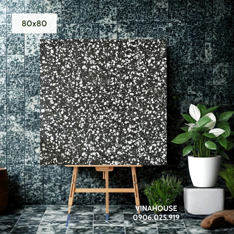 Gạch 80×80 Terrazzo đen đá mài