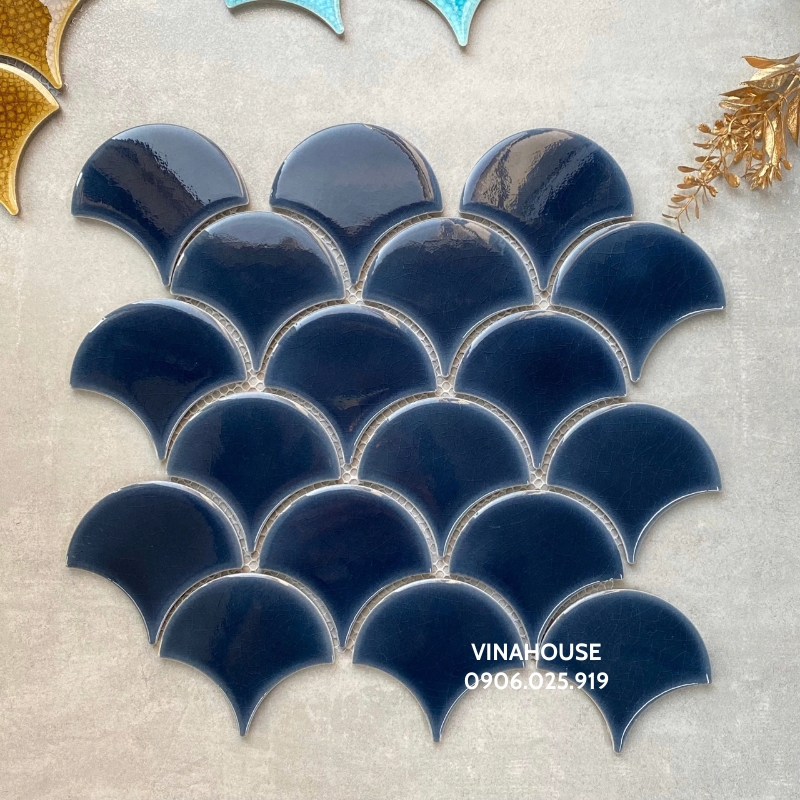 Gạch Mosaic vảy cá men rạn xanh dương