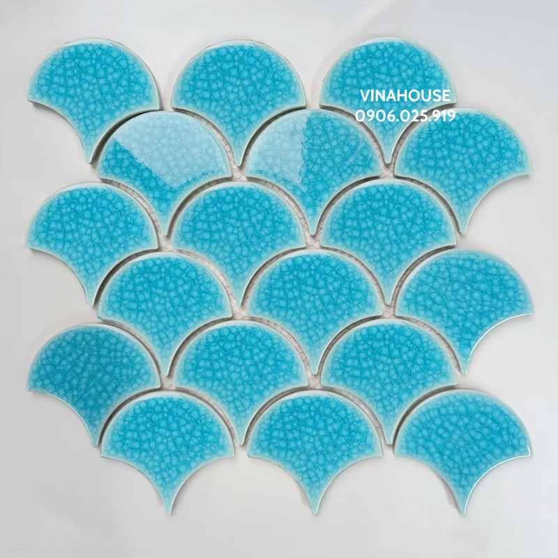 Gạch Mosaic vảy cá men rạn xanh nhạt