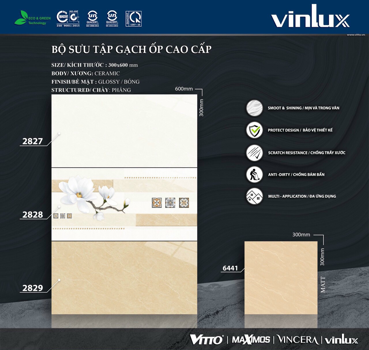 Gạch 30×60 Vinlux mã 2827-2829 siêu mài bóng