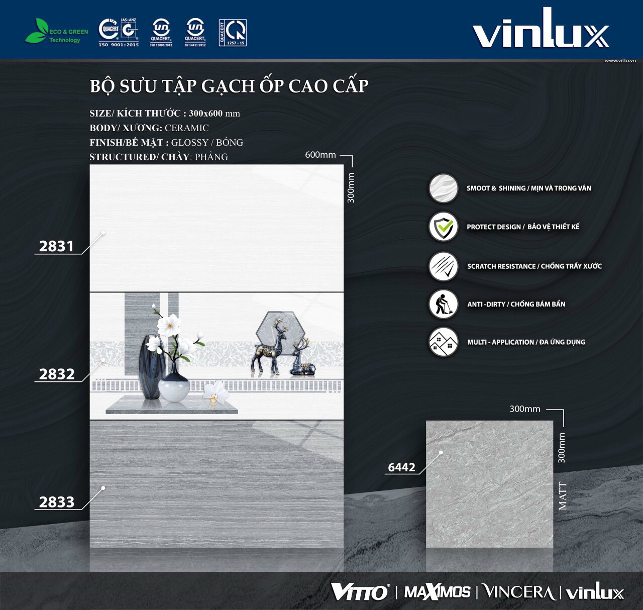 Gạch 30×60 Vinlux mã 2831-2833 siêu mài bóng