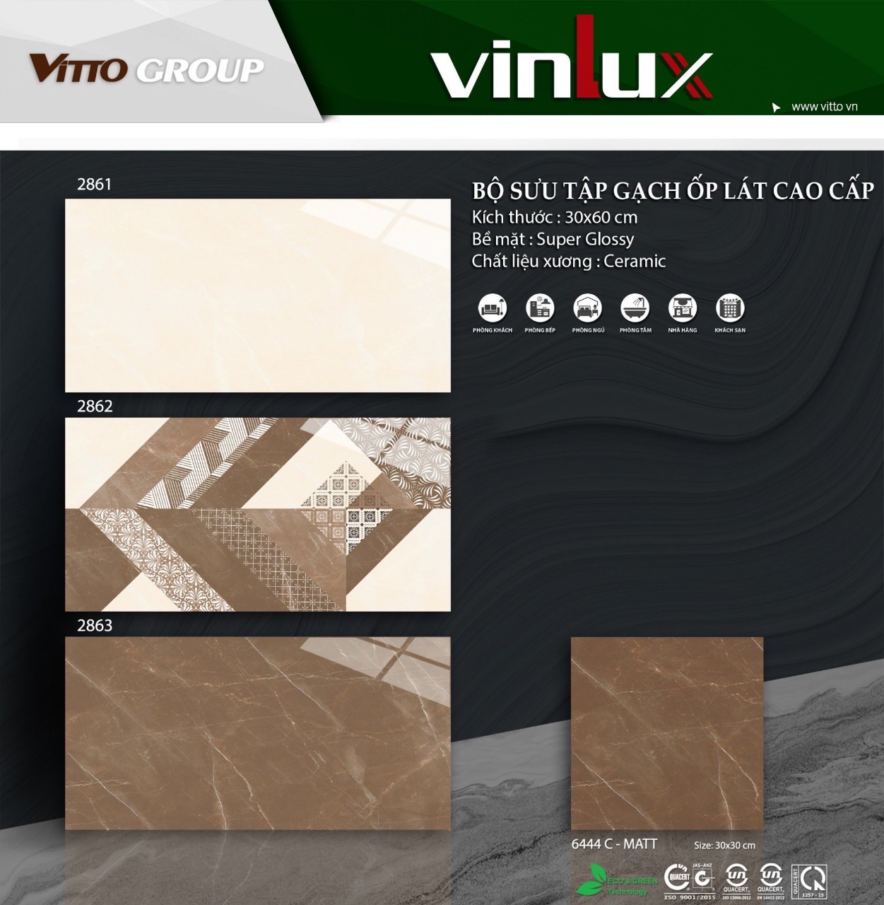 Gạch 30×60 Vinlux mã 2861-2863 siêu mài bóng