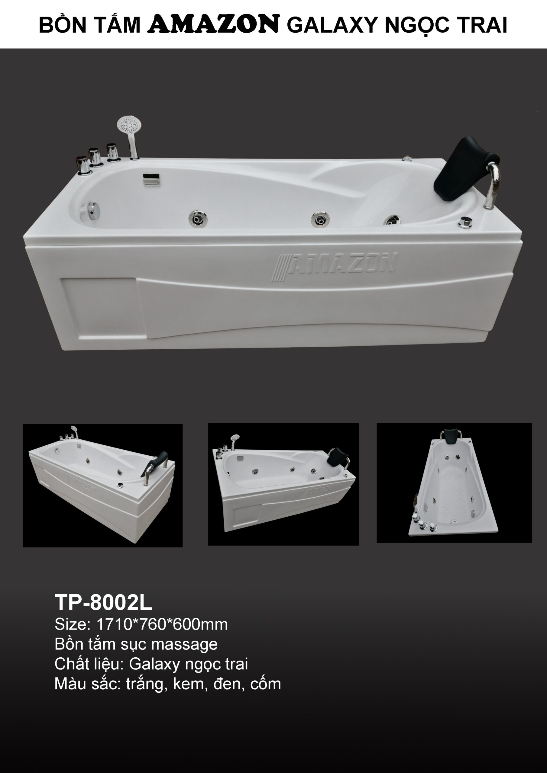 Bồn tắm Amazon mã TP-8002B Ba mặt yếm  không chữ