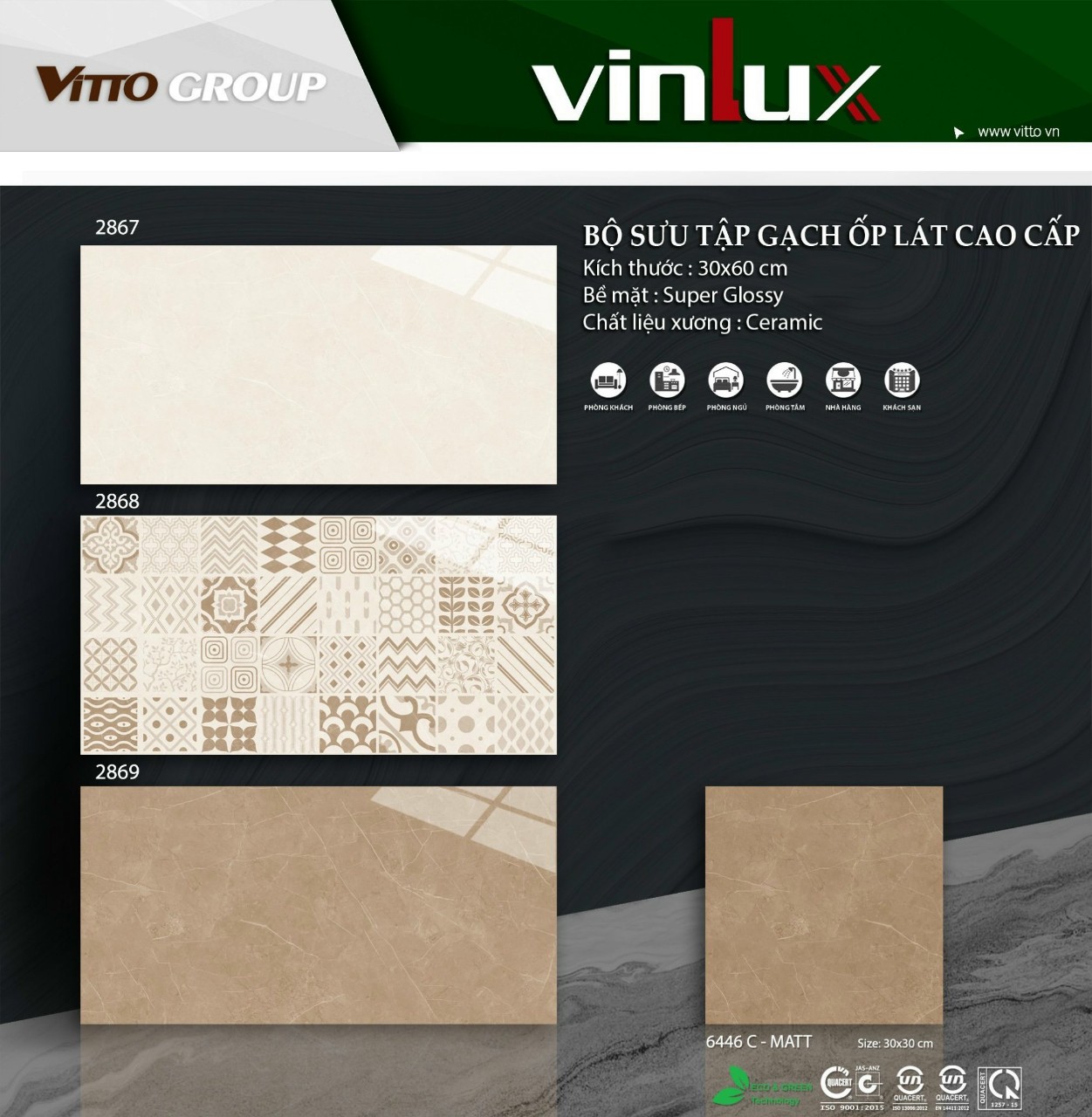 Gạch 30×60 Vinlux mã 2867-2869 siêu mài bóng