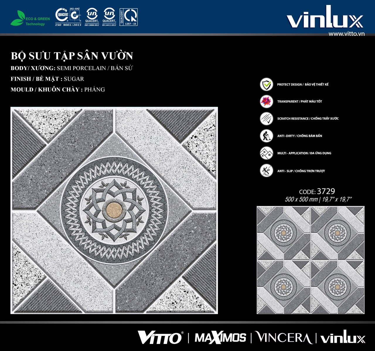 gạch sân vườn Vinlux kích thước 50×50 mã 3729