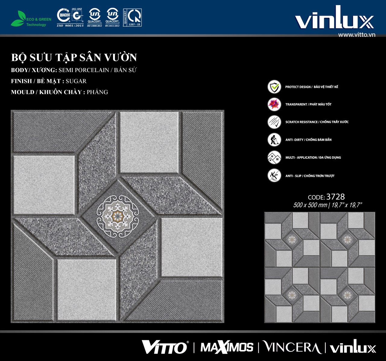 gạch sân vườn Vinlux kích thước 50×50 mã 3728